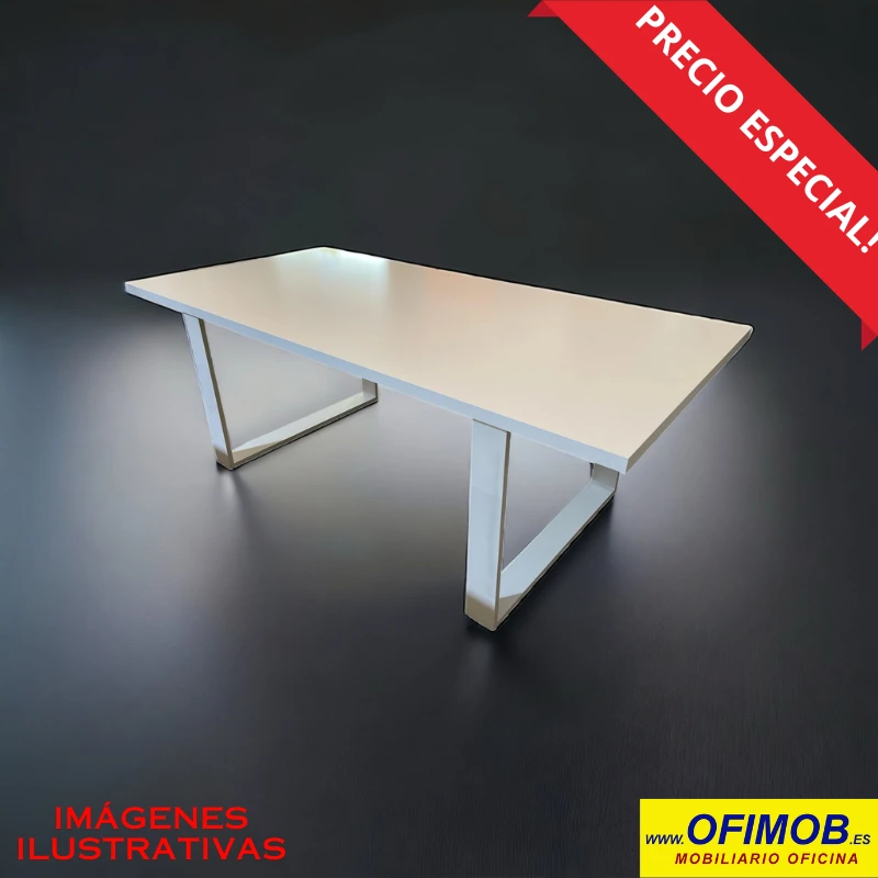 Mesa de Reuniones Moderna de OFIMOB, perfecta para espacios de trabajo contemporáneos. Diseño minimalista con acabado en blanco mate y patas metálicas que ofrecen elegancia y durabilidad.