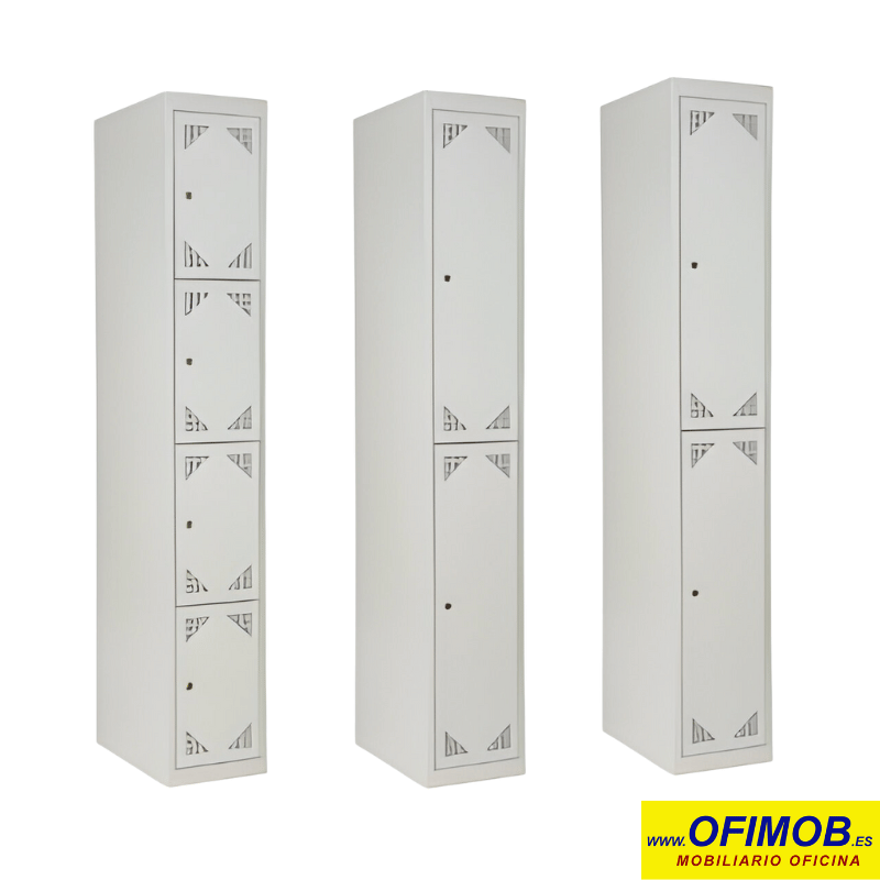 Taquillas de vestuario disponibles con 1, 2 o 4 puertas, fabricadas en chapa galvanizada y prelacada de alta resistencia a la oxidación y corrosión. Perfectas para diversos ambientes gracias a su durabilidad y robustez.