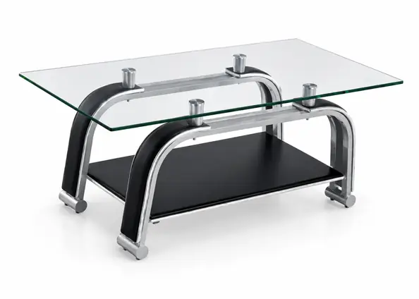 Mesa de centro California con sobre de cristal, estructura cromada y balda inferior
