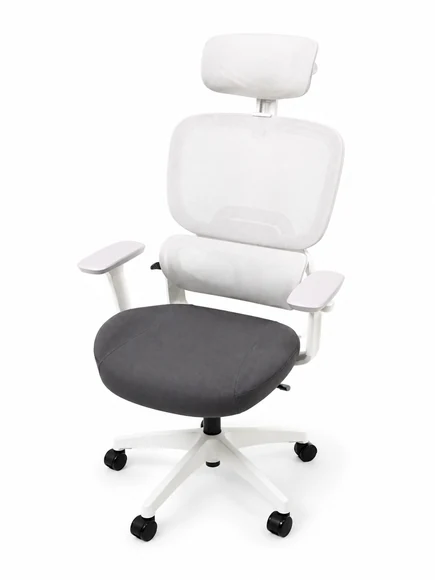 Sillon operativo Ofimob Green White de estructura blanca con respaldo de rejilla y cabezal regulable
